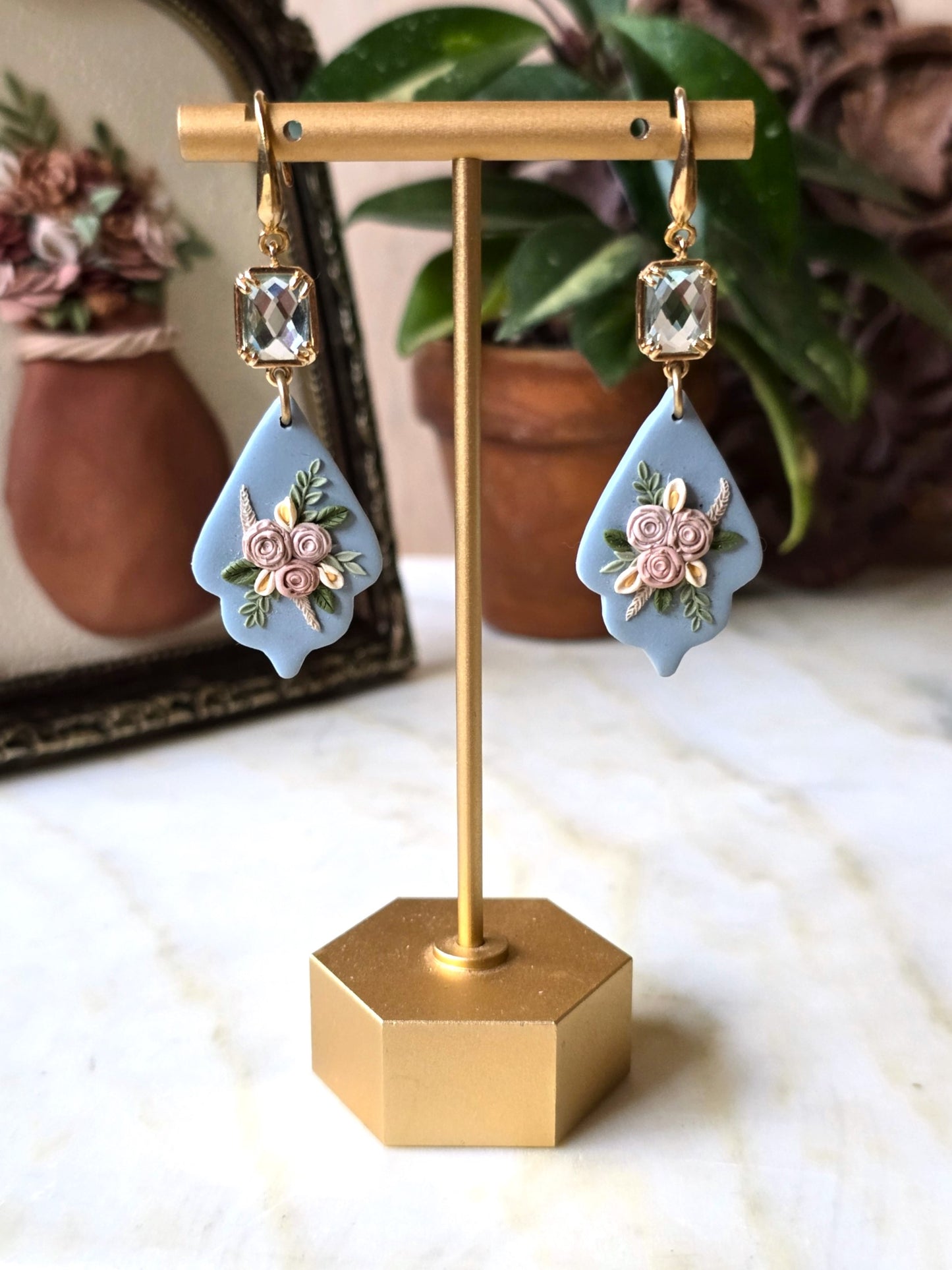 Dorothy I Blue Floral Polymer Clay Earring with Blue Crystal
