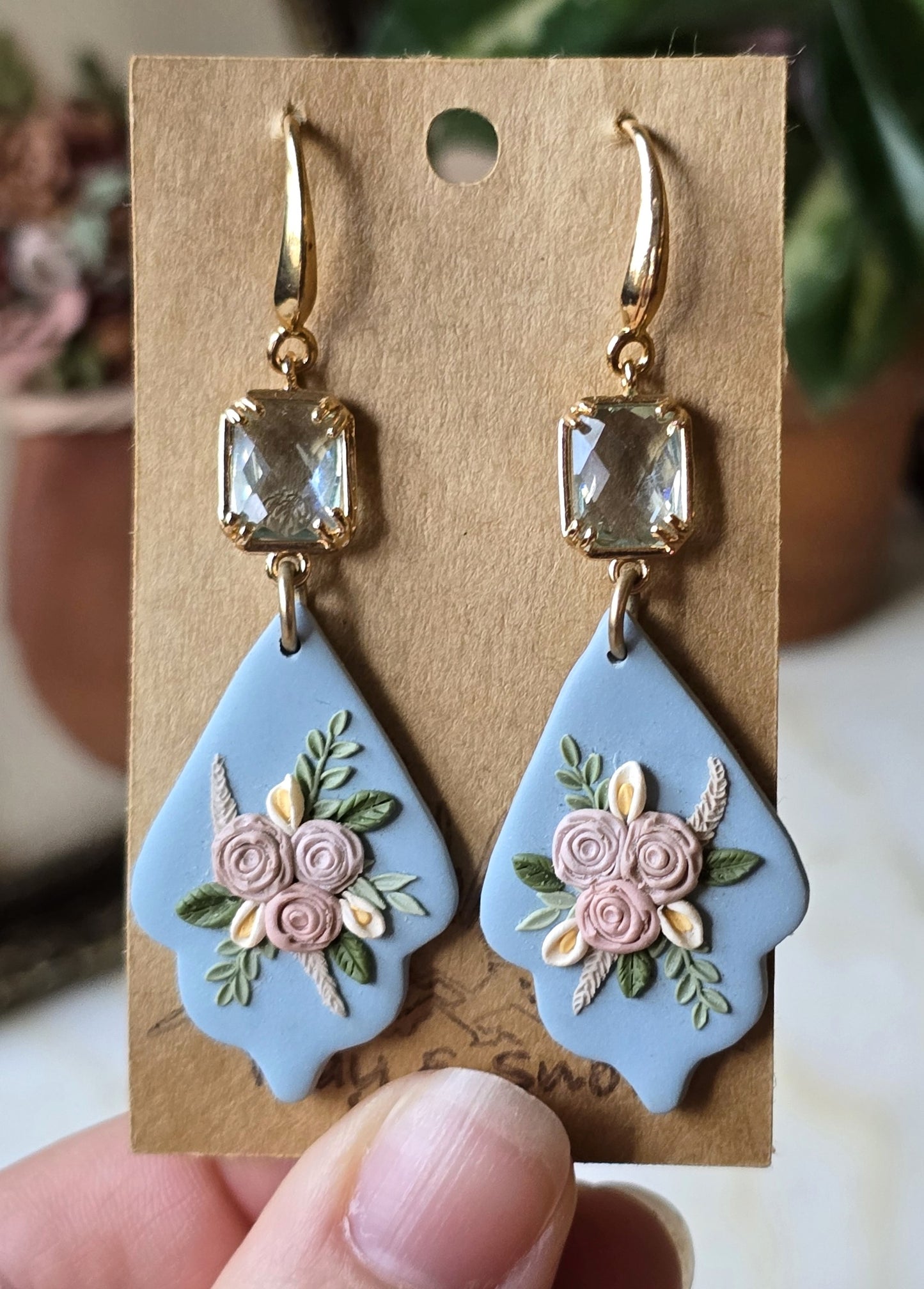 Dorothy I Blue Floral Polymer Clay Earring with Blue Crystal
