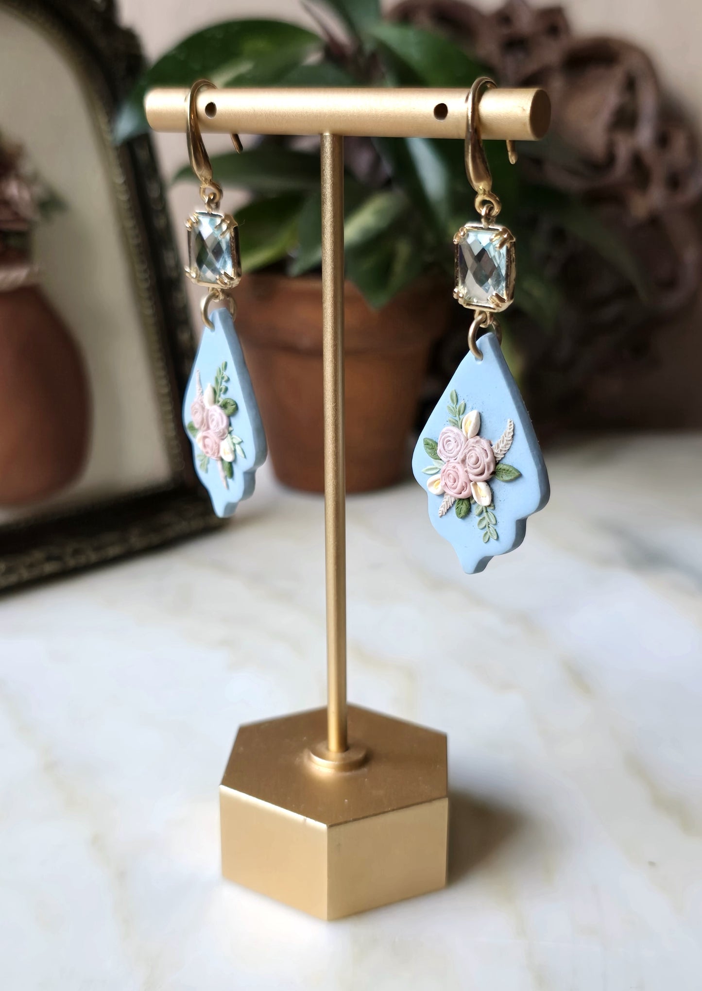 Dorothy I Blue Floral Polymer Clay Earring with Blue Crystal
