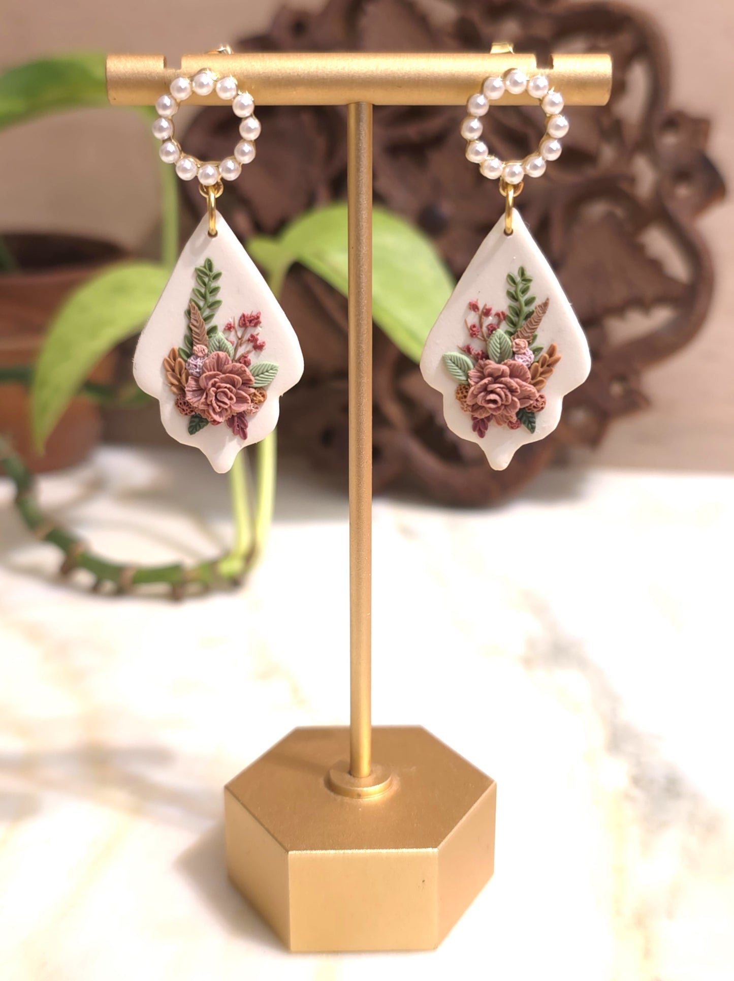 Abigail I White Polymer Clay Floral Earring